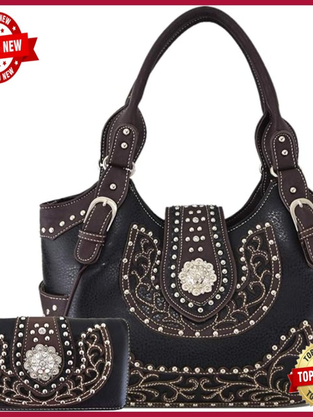 Western Style Vegan Leather Shoulder Bag with Concealed Carry Pocket and Wallet